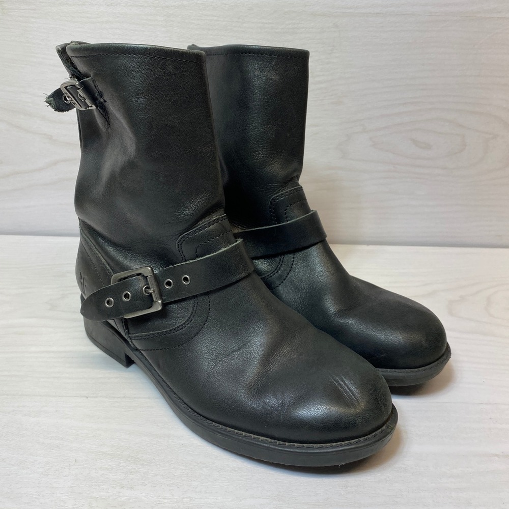 Frye Boys Size 3.5 Engineer Boots Moto Buckle Black Leather Mid Calf 3487501-BLK